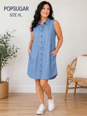 POPSUGAR XL Sleeveless Lyocell Chambray Button Front Shirt Dress Blue